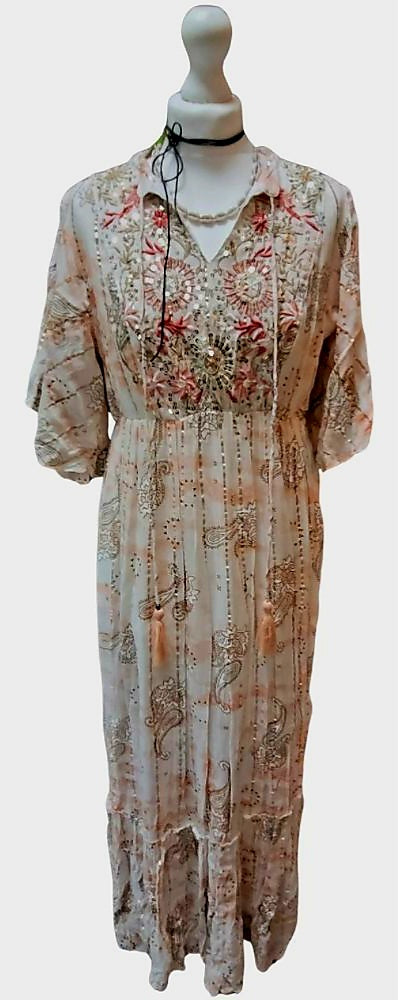 Aria Peach Embellished Silk Thread Maxi Dress, Ivory & Gold