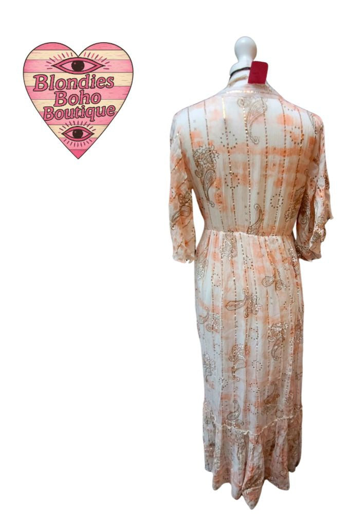 Aria Peach Embellished Silk Thread Maxi Dress, Ivory & Gold