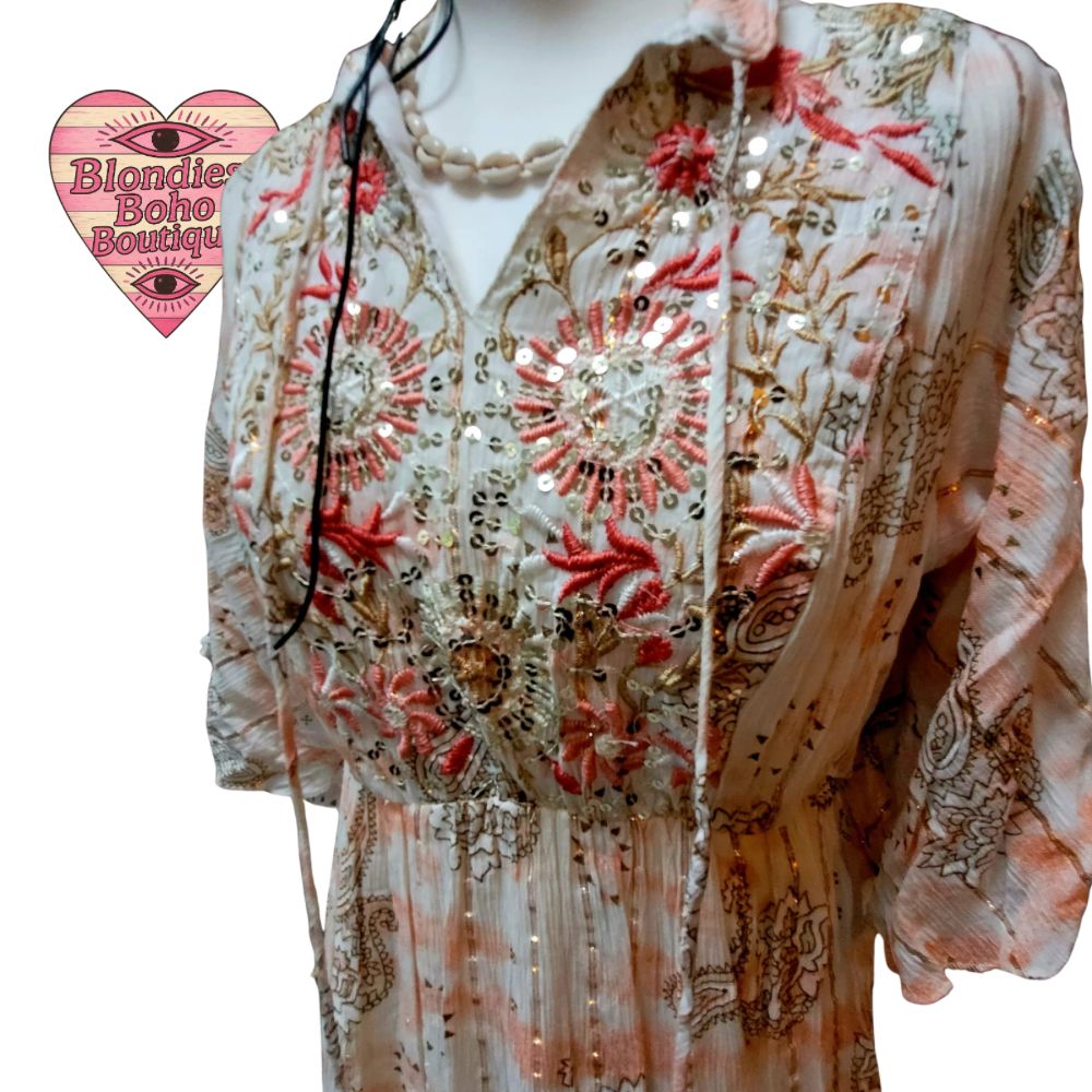 Aria Peach Embellished Silk Thread Maxi Dress, Ivory & Gold