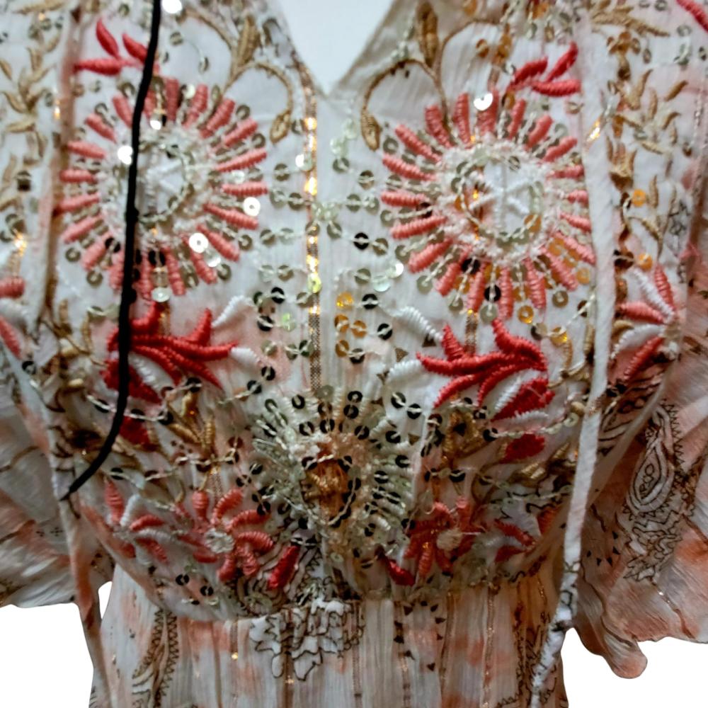 Aria Peach Embellished Silk Thread Maxi Dress, Ivory & Gold