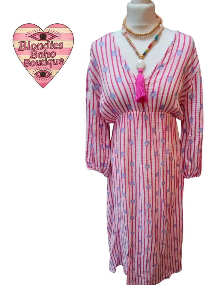 Maria Waffle Cotton Daisy Maxi Dress, Fuschia & Baby Blue