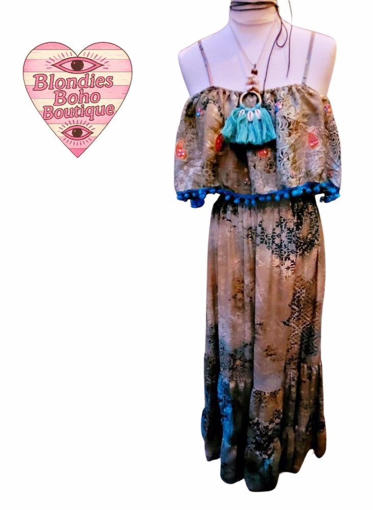 Indi Bardot Paisley Maxi Dress, Pom Pom Trim, Teals & Greens