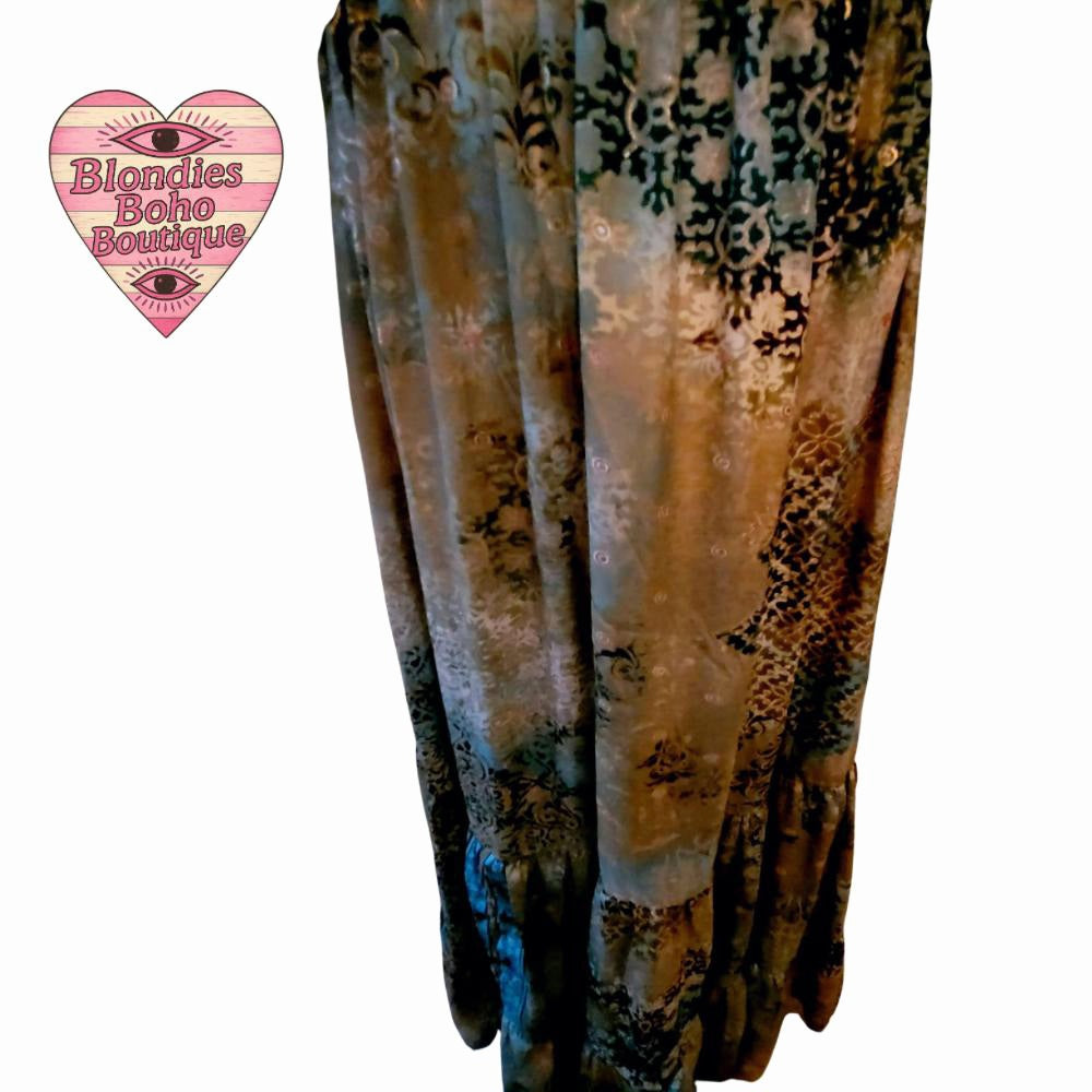 Indi Bardot Paisley Maxi Dress, Pom Pom Trim, Teals & Greens
