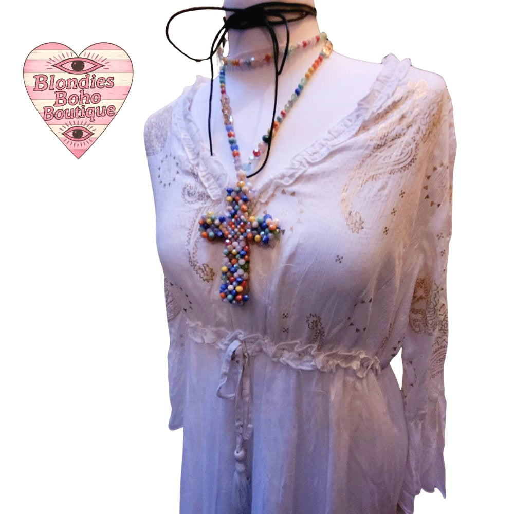 Teresa Boho Midi Festival Dress, Ivory & Gold
