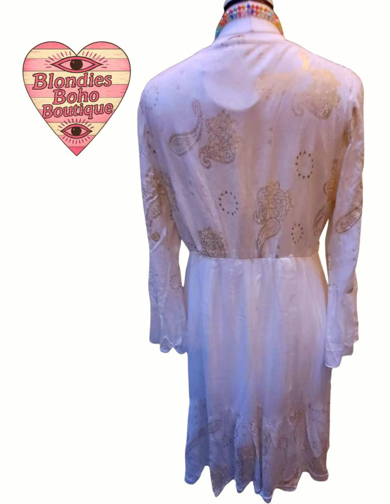 Teresa Boho Midi Festival Dress, Ivory & Gold