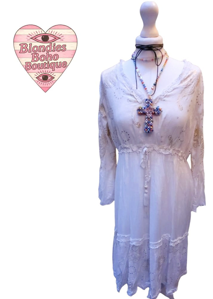 Teresa Boho Midi Festival Dress, Ivory & Gold