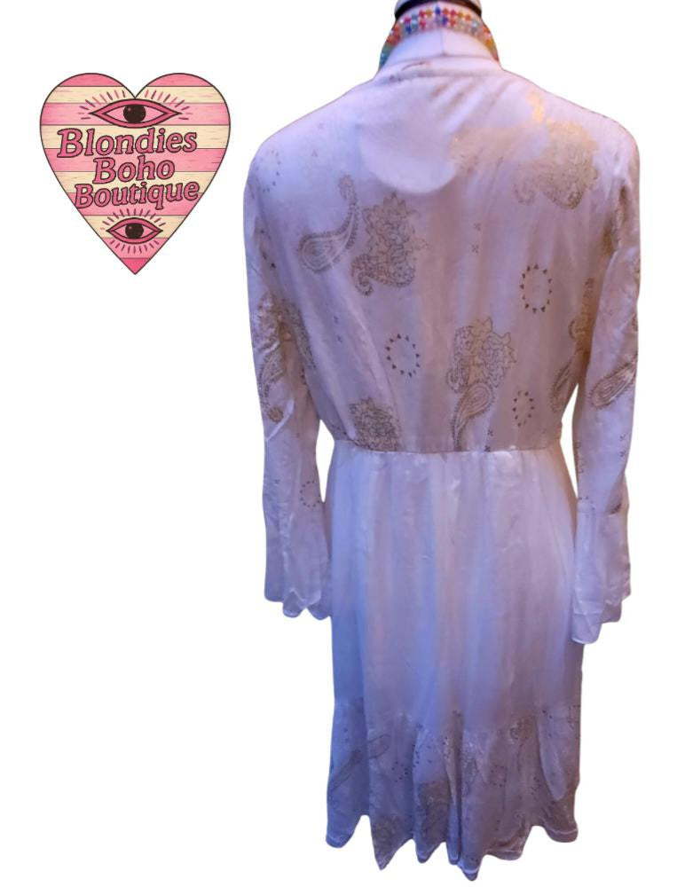 Teresa Boho Midi Festival Dress, Ivory & Gold