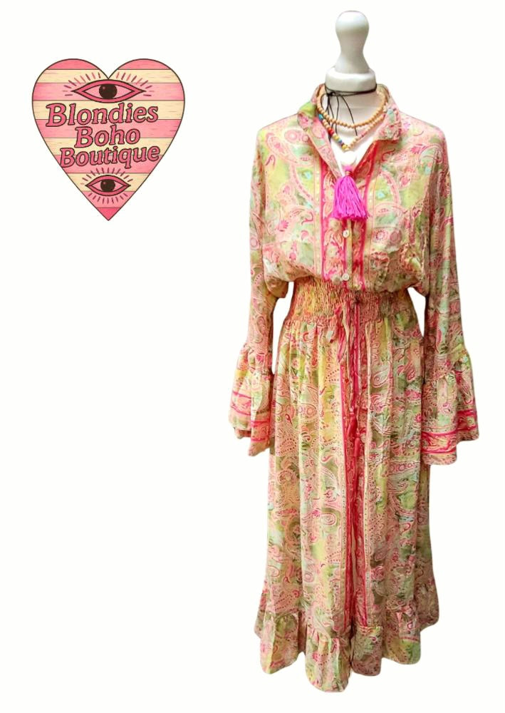 Sienna Silk Thread Button Down Maxi Dress Pink Green Paisley