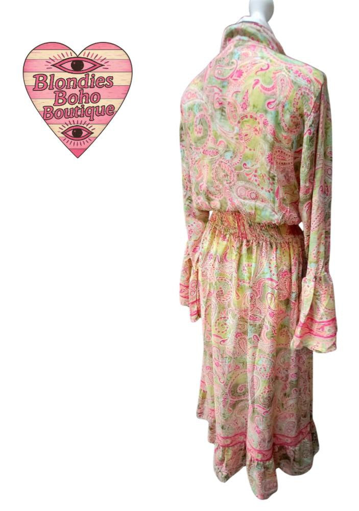 Sienna Silk Thread Button Down Maxi Dress Pink Green Paisley