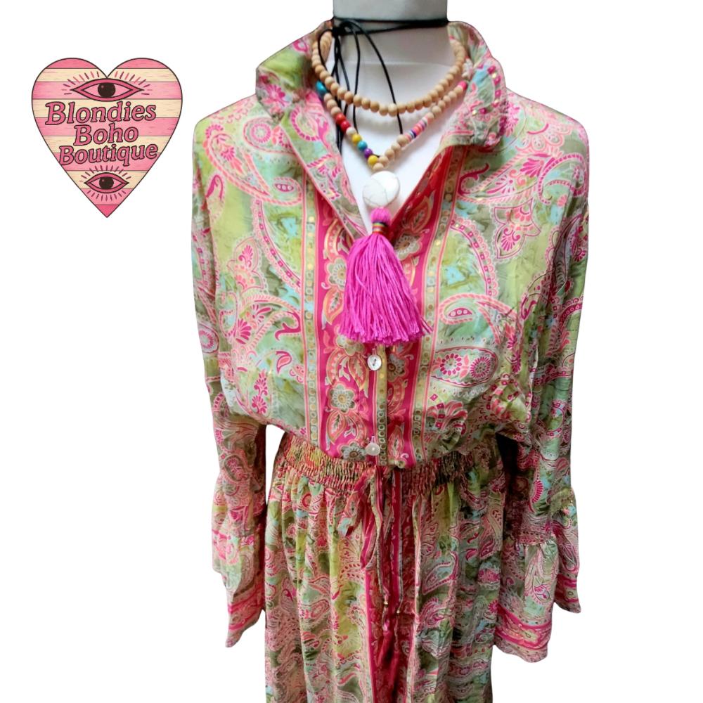 Sienna Silk Thread Button Down Maxi Dress Pink Green Paisley