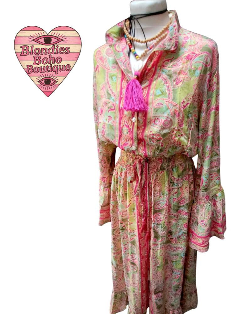 Sienna Silk Thread Button Down Maxi Dress Pink Green Paisley
