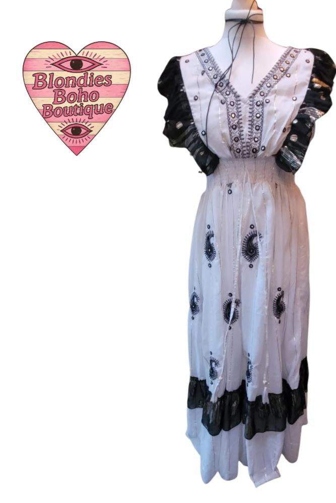 Peony Gilt Thread Mirrored Ruffle Maxi Dress, Black & White