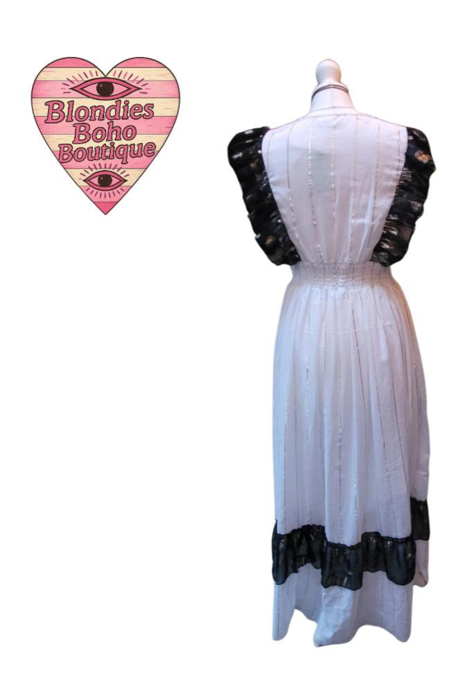 Peony Gilt Thread Mirrored Ruffle Maxi Dress, Black & White