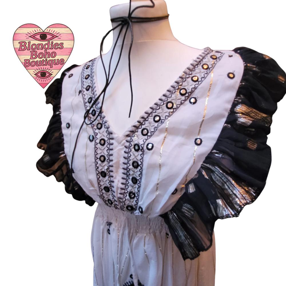 Peony Gilt Thread Mirrored Ruffle Maxi Dress, Black & White