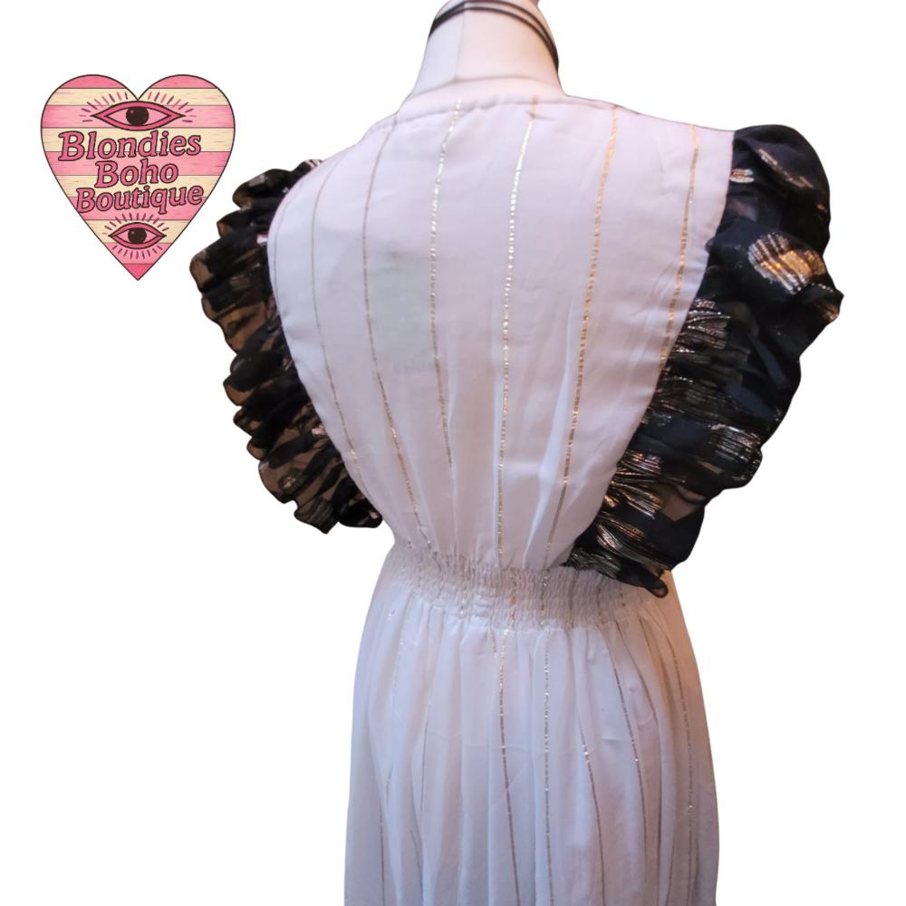 Peony Gilt Thread Mirrored Ruffle Maxi Dress, Black & White