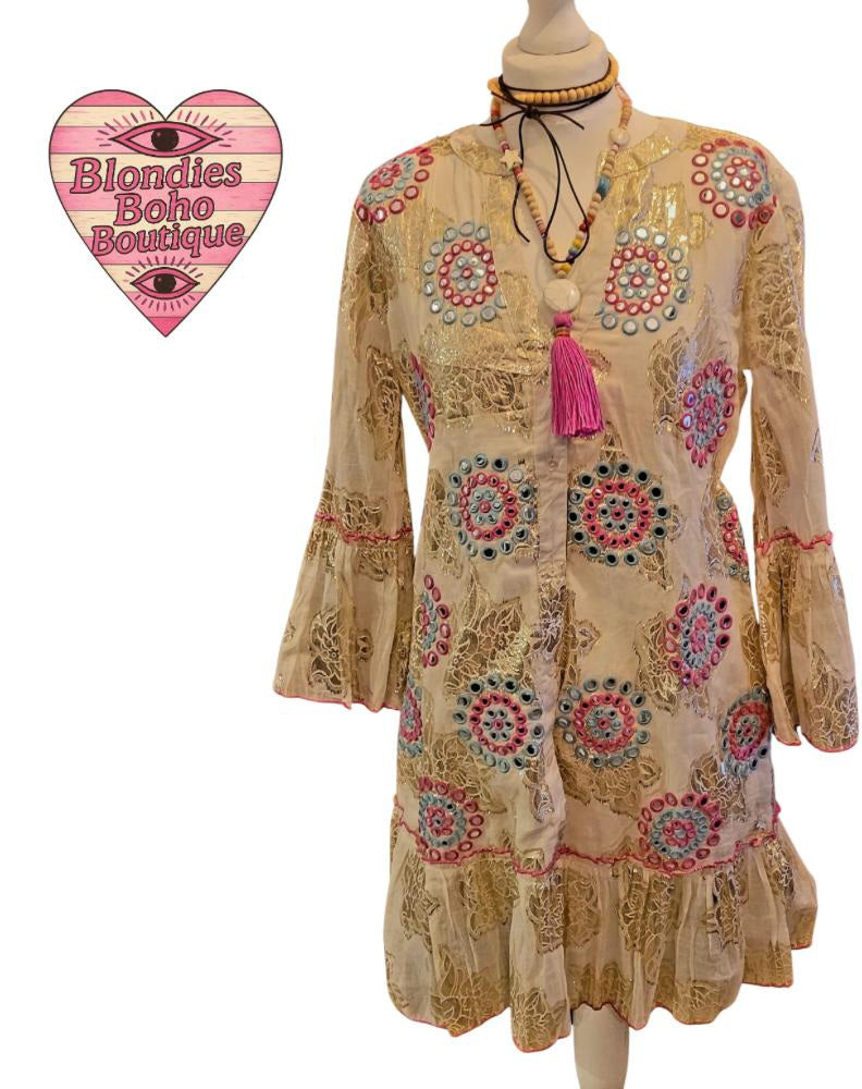 Syma Embellished Button Down Midi Dress, Pink, Gold & Turquoise