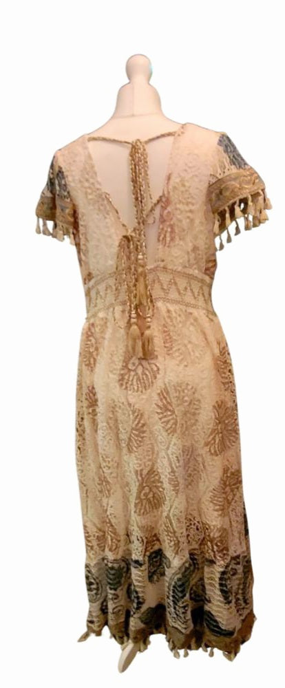 Ophelia Tassel Trim Lace Maxi, Ivory, Gold & Teal