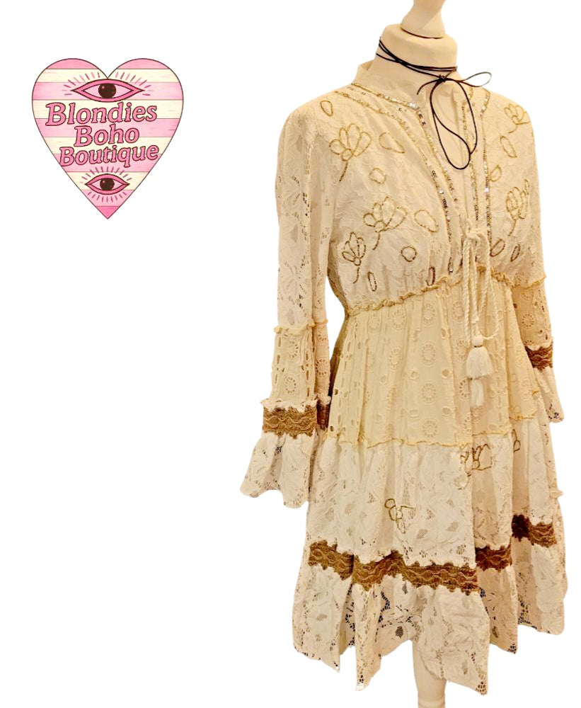 Boho Festival Lace Embellished Midi Dress, Ivory & Gold