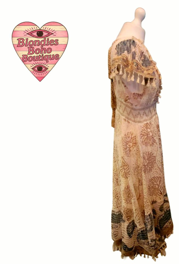 Ophelia Tassel Trim Lace Maxi, Ivory, Gold & Teal