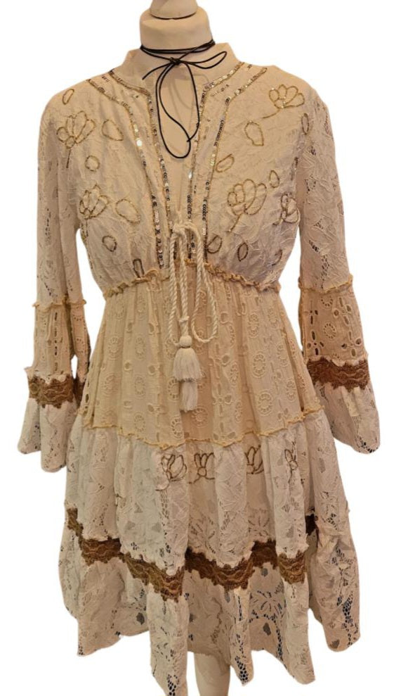 Boho Festival Lace Embellished Midi Dress, Ivory & Gold