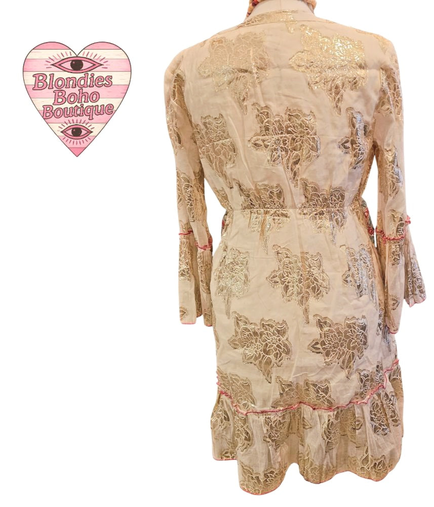 Syma Embellished Button Down Midi Dress, Pink, Gold & Turquoise