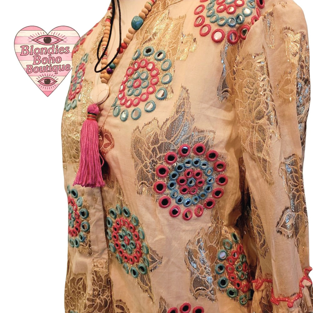 Syma Embellished Button Down Midi Dress, Pink, Gold & Turquoise