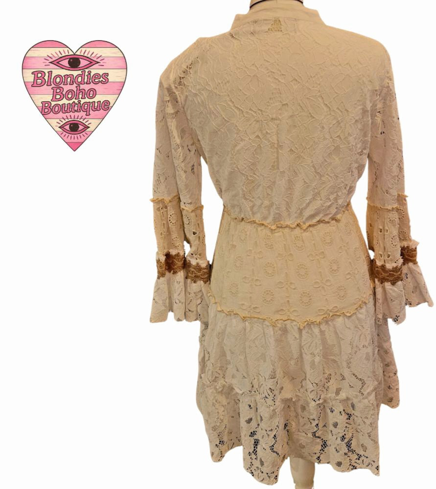 Boho Festival Lace Embellished Midi Dress, Ivory & Gold