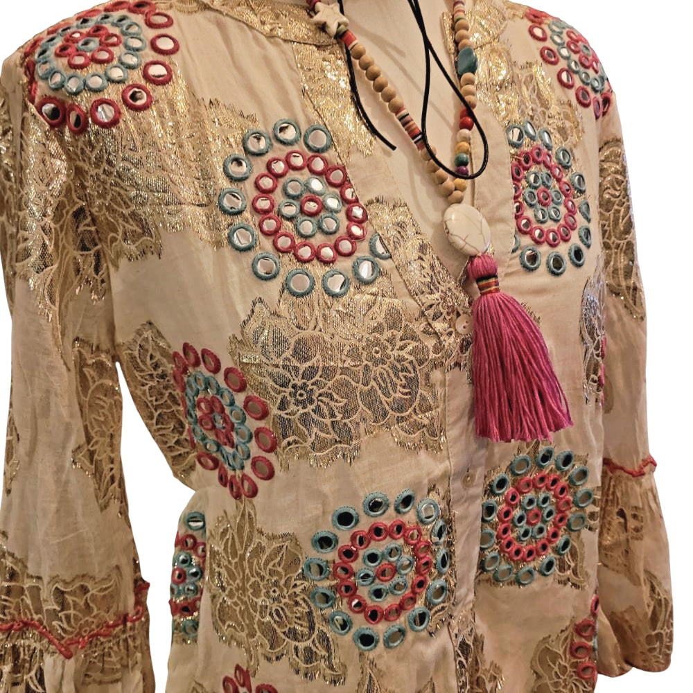 Syma Embellished Button Down Midi Dress, Pink, Gold & Turquoise