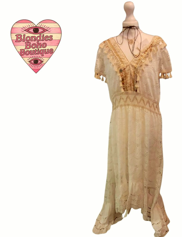 Aphrodite Tassel Trim Lace Maxi Dress, Embellished Ivory & Gold