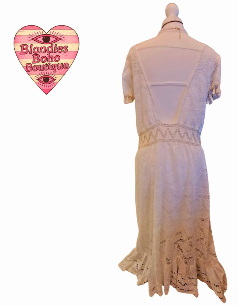 Aphrodite Tassel Trim Lace Maxi Dress, Embellished Ivory & Gold