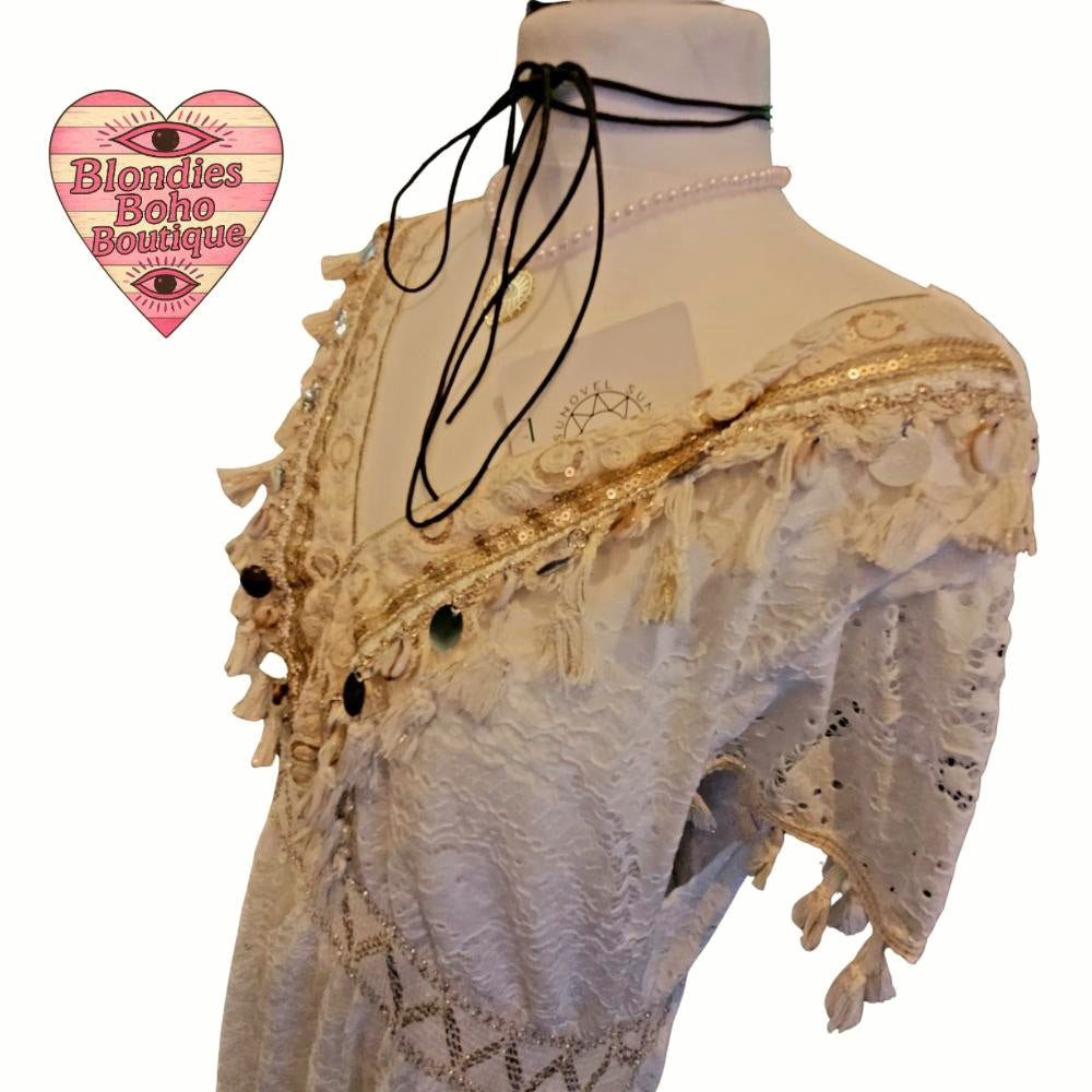 Aphrodite Tassel Trim Lace Maxi Dress, Embellished Ivory & Gold